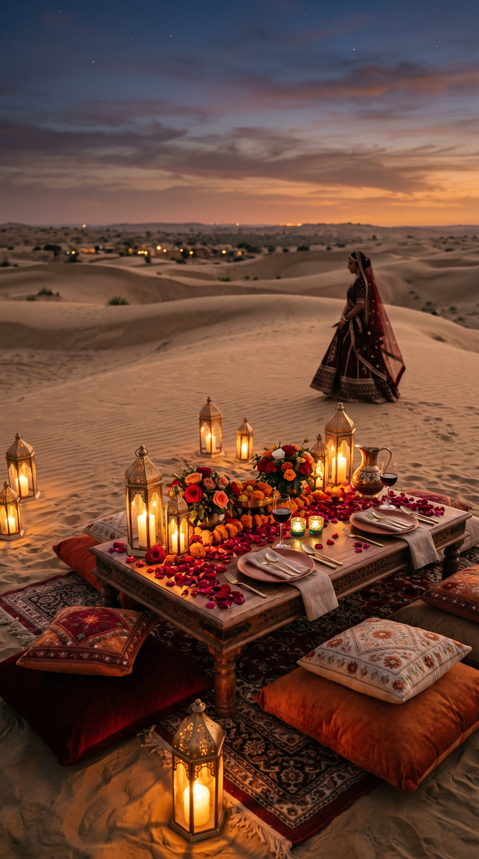 A candle-lit private dinner set on the desert dunes at dusk