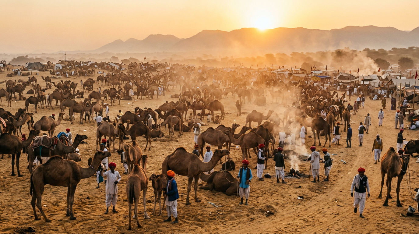 Camels and traders at the Pushkar fair
